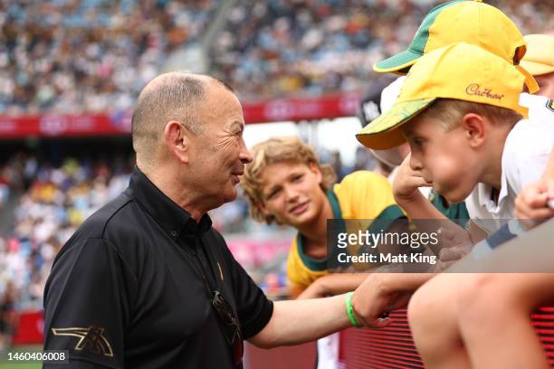 Wallabies coach Eddie Jones speaks to fans during the 2023 Sydney Sevens at Allianz Stadium on January 29, 2023 in Sydney, Australia.