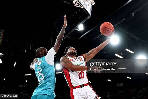 Corey Webster of the Wildcats drives to the basket during the round 17 NBL match between Tasmania Jackjumpers and Perth Wildcats at MyState Bank...