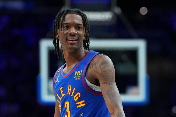 Bones Hyland of the Denver Nuggets looks on against the Philadelphia 76ers at the Wells Fargo Center on January 28, 2023 in Philadelphia,...