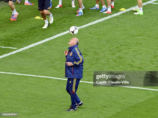 Vicente del Bosque head coach of Spain during a training session ahead of the UEFA EURO 2012 Group C match against Italy at the Municipal Stadium on...