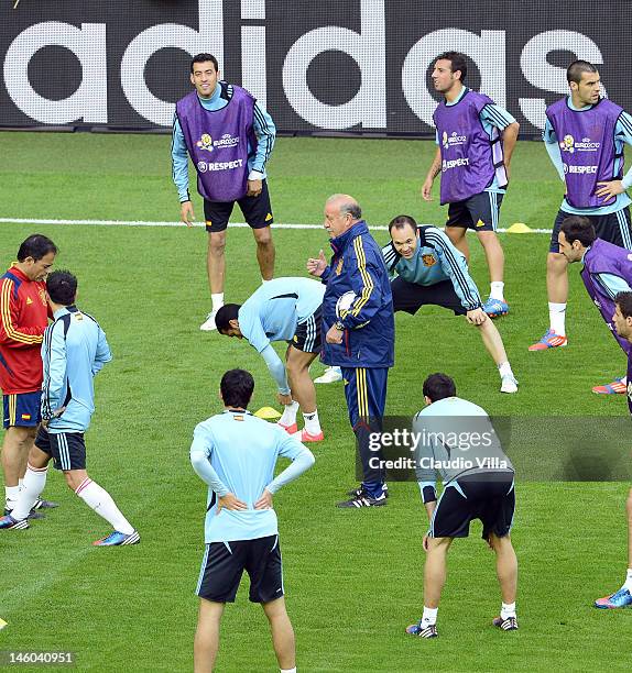 Vicente del Bosque head coach of Spain during a training session ahead of the UEFA EURO 2012 Group C match against Italy at the Municipal Stadium on...