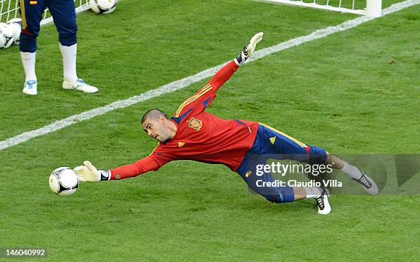 Victor Valdes of Spain during a training session ahead of the UEFA EURO 2012 Group C match against Italy at the Municipal Stadium on June 9, 2012 in...