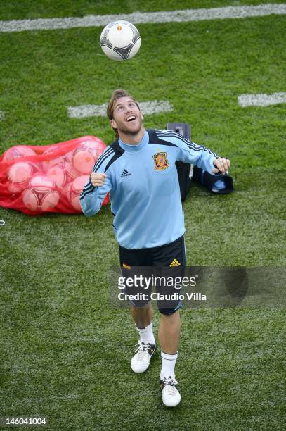 Sergio Ramos of Spain during a training session ahead of the UEFA EURO 2012 Group C match against Italy at the Municipal Stadium on June 9, 2012 in...