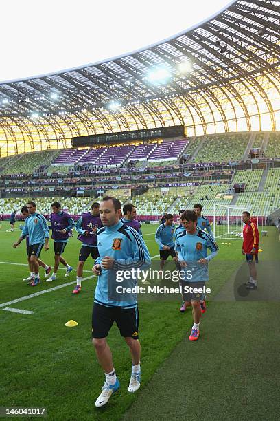 Andres Iniesta of Spain during a training session ahead of the UEFA EURO 2012 Group C match against Italy at the Municipal Stadium on June 9, 2012 in...