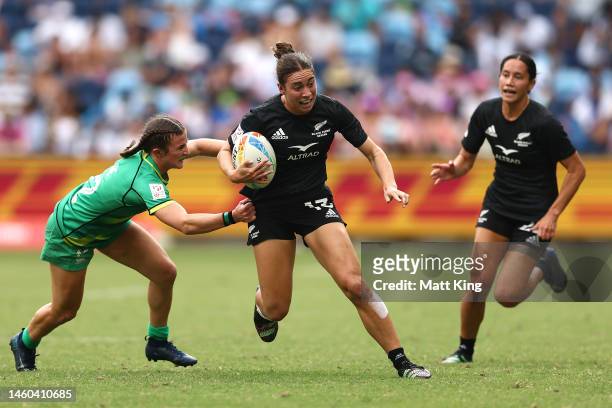 Jazmin Felix-Hotham of New Zealand is tackled during the 2023 Sydney Sevens match between Ireland and New Zealand at Allianz Stadium on January 29,...