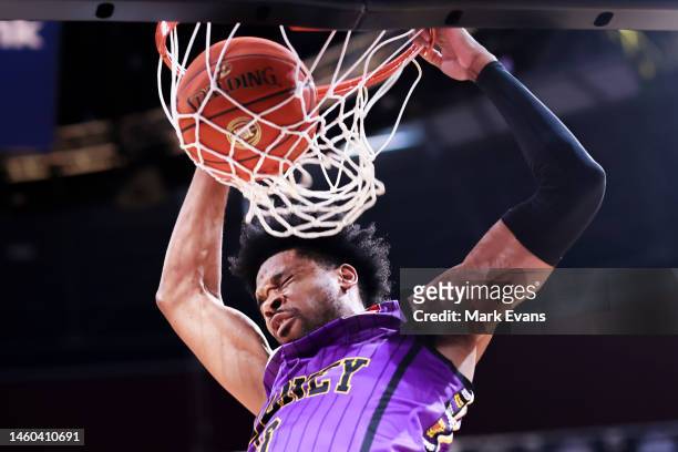Justin Simon of the Kings dunks during the round 17 NBL match between Sydney Kings and South East Melbourne Phoenix at Qudos Bank Arena, on January...