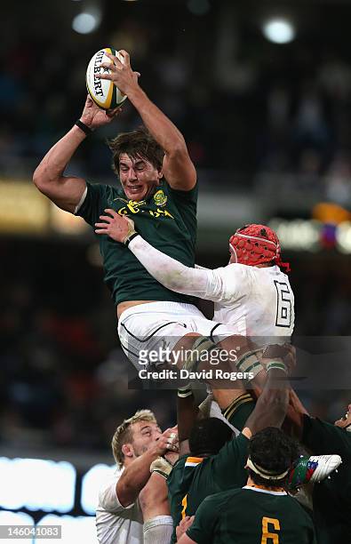 Eben Etzebeth of South Africa wins the lineout ball during the First Test match between the South Africa Springboks and England at Kings Park Stadium...