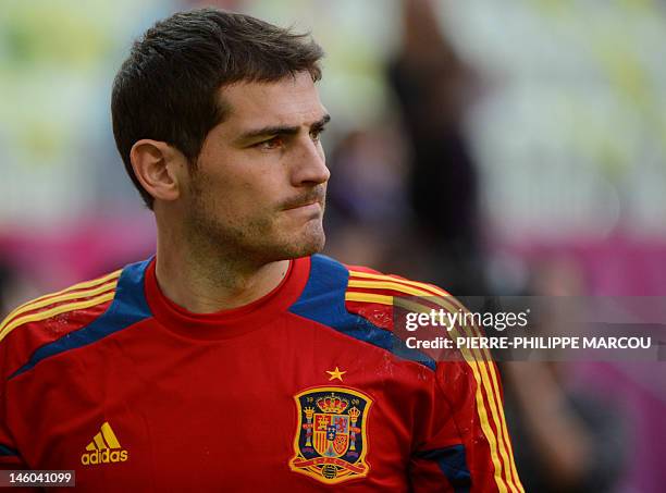 Spanish goalkeeper Iker Casillas looks on as he takes part in a training session of the Spanish's national football team on June 9, 2012 at the PGE...