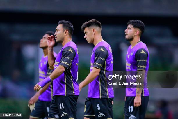 Marco Fabian and Facundo Almada of Mazatlan react after the 4th round match between America and Mazatlan FC as part of the Torneo Clausura 2023 Liga...