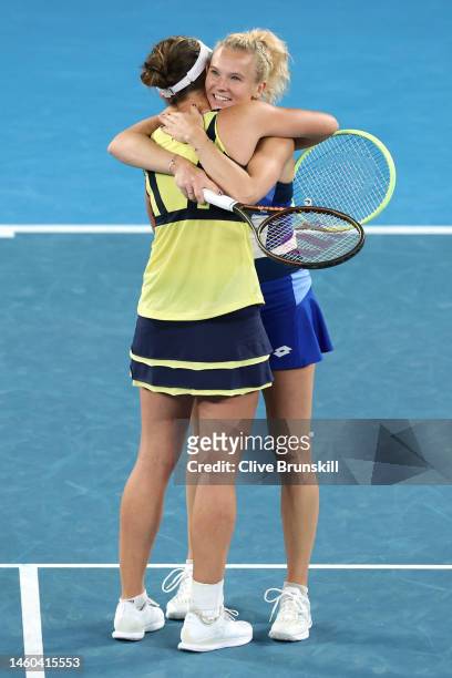 Barbora Krejcikova of the Czech Republic and Katerina Siniakova of the Czech Republic celebrate winning championship point in the Women's Doubles...