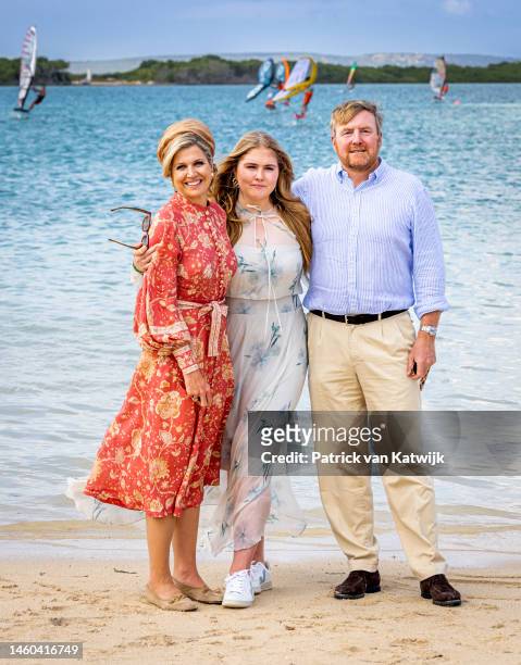 Queen Maxima of The Netherlands, Princess Amalia of The Netherlands and King Willem-Alexander of The Netherlands visit a windsurfing demonstration at...