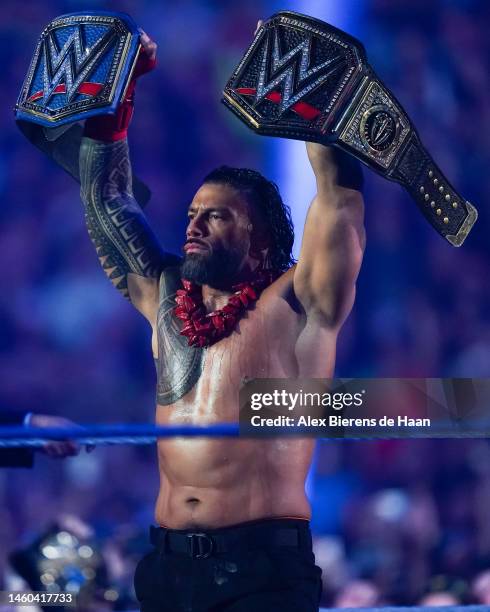 Roman Reigns looks on prior to the WWE and Universal Championship match during the WWE Royal Rumble event at the Alamodome on January 28, 2023 in San...