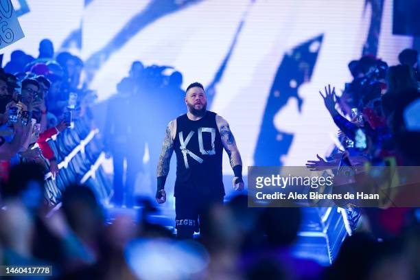Kevin Owens walks out prior to the WWE and Universal Championship match during the WWE Royal Rumble event at the Alamodome on January 28, 2023 in San...