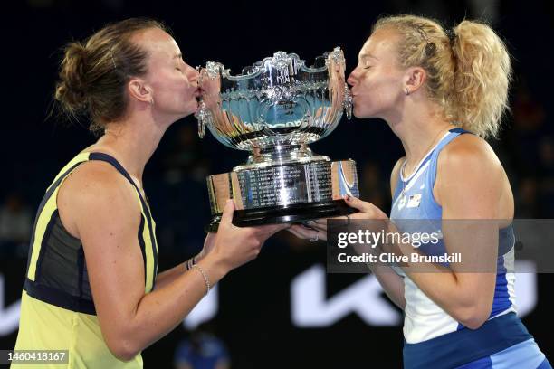 Barbora Krejcikova of the Czech Republic and Katerina Siniakova of the Czech Republic kisses the championship trophy after winning the Women's...