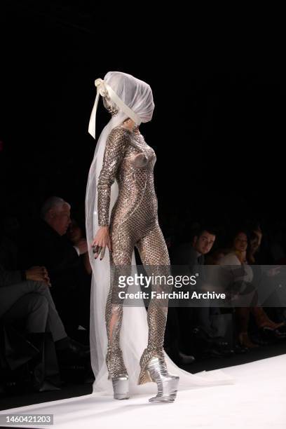 Daphne Guinness on the runway at Fashion For Relief's Haiti benefit show at Bryant Park's Tent. Guinness wears Alexander McQueen.