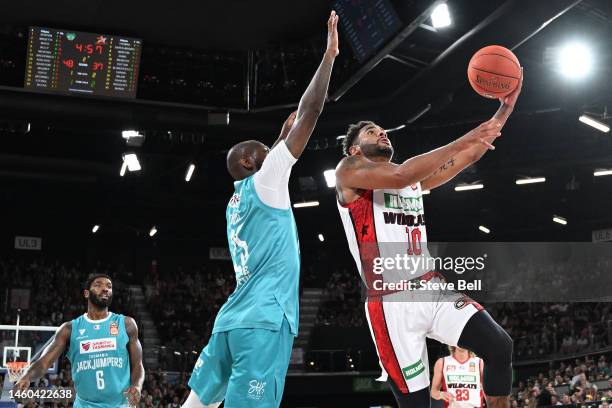 Corey Webster of the Wildcats drives to the basket during the round 17 NBL match between Tasmania Jackjumpers and Perth Wildcats at MyState Bank...