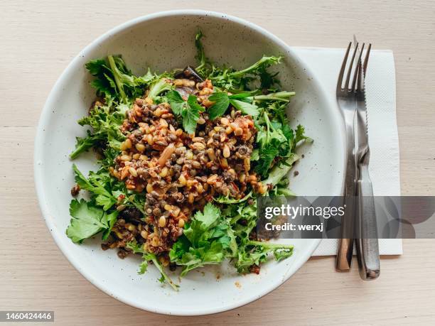 eggplant lentil salad - lentil stock pictures, royalty-free photos & images