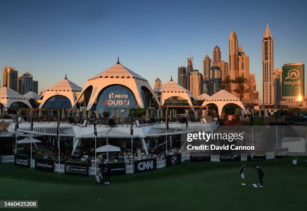 General view at daof the clubhouse with the skyline of the Dubai Marina behind during the delayed third round on Day Four of the Hero Dubai Desert...
