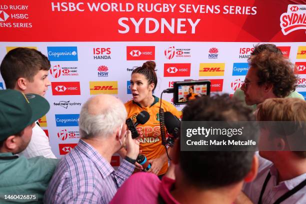 Charlotte Caslick of Australia speaks to the media after the 2023 Sydney Sevens match between Australia and Fiji at Allianz Stadium on January 29,...