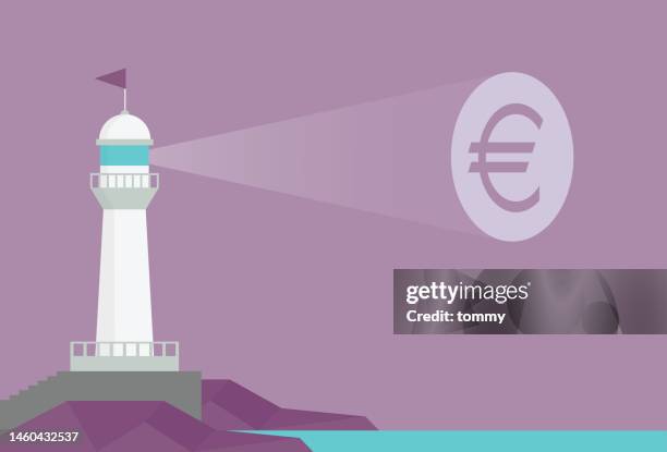 lighthouse with a euro sign - lighthouse beam stock illustrations