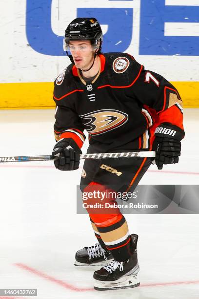 Jayson Megna of the Anaheim Ducks skates on the ice during the third period against the Arizona Coyotes at Honda Center on January 28, 2023 in...