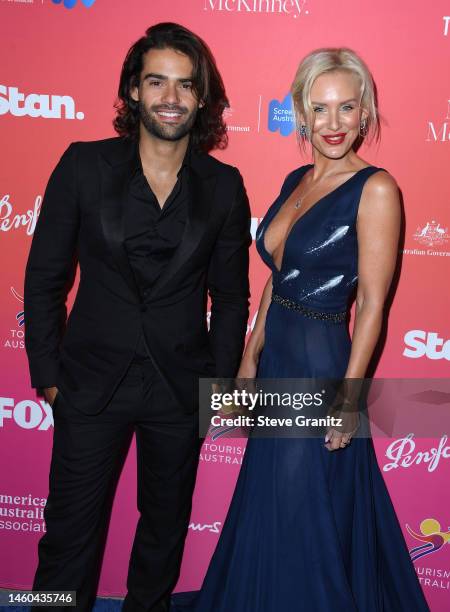 Renal Pacheco and Nicky Whelan arrives at the G'Day USA Arts Gala at Skirball Cultural Center on January 28, 2023 in Los Angeles, California.