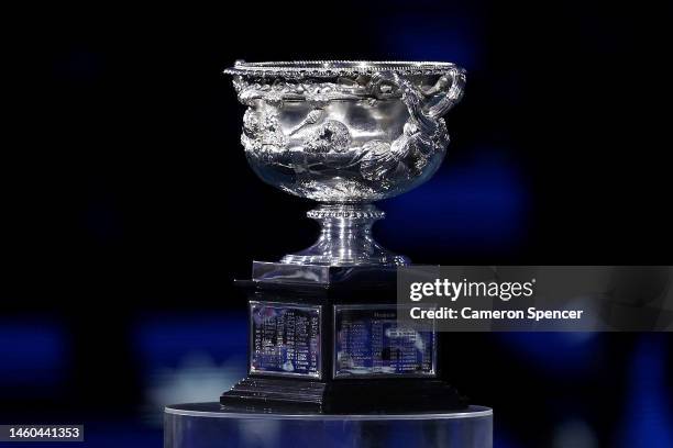 The Norman Brookes Challenge Cup ahead of the Men’s Singles Final between Stefanos Tsitsipas of Greece and Novak Djokovic of Serbia during day 14 of...