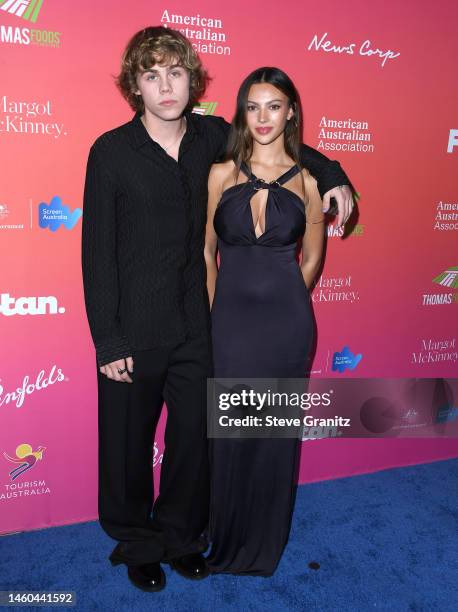 The Kid LAROI and Katarina Deme arrives at the G'Day USA Arts Gala at Skirball Cultural Center on January 28, 2023 in Los Angeles, California.