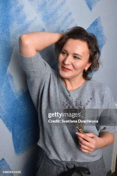 girl model holding a branch of lavender in her hands girl model holding branch lavender her
