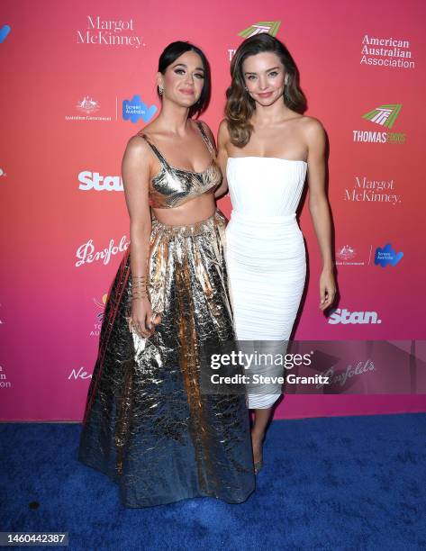 Katy Perry and Miranda Kerr arrives at the G'Day USA Arts Gala at Skirball Cultural Center on January 28, 2023 in Los Angeles, California.