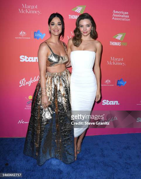 Katy Perry and Miranda Kerr arrives at the G'Day USA Arts Gala at Skirball Cultural Center on January 28, 2023 in Los Angeles, California.
