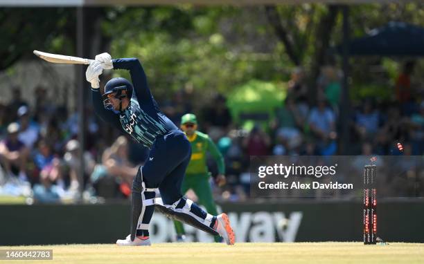 Jason Roy of England is bowled by Lungi Ngidi of South Africa during the 2nd One Day International between South Africa and England at Mangaung Oval...