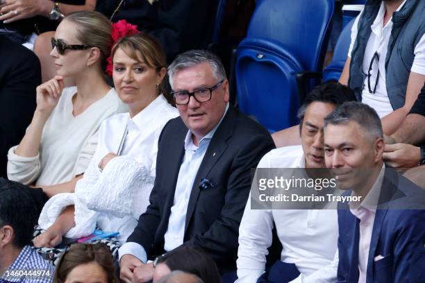 Eddie McGuire and Carla McGuire look on ahead of the Men’s Singles Final between Stefanos Tsitsipas of Greece and Novak Djokovic of Serbia during day...