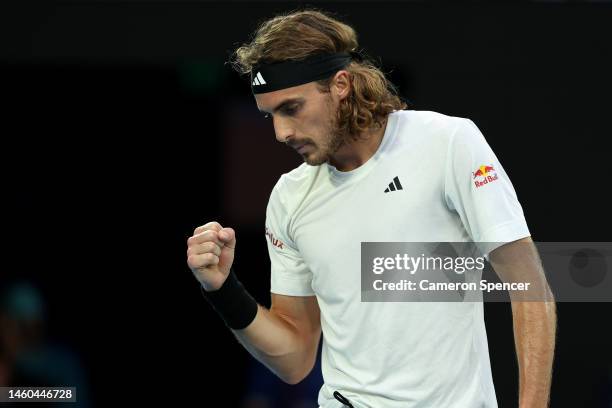 Stefanos Tsitsipas of Greece celebrates winning a point in the Men’s Singles Final against Novak Djokovic of Serbia during day 14 of the 2023...