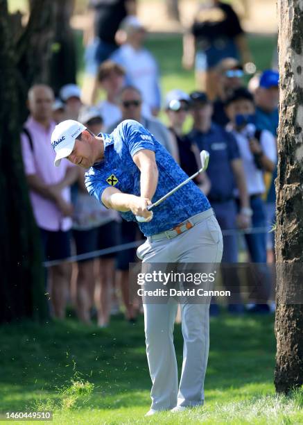 Bernd Wiesberger of Austria plays his second shot on the first hole during the delayed third round on Day Four of the Hero Dubai Desert Classic on...