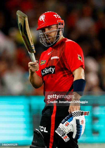 Aaron Finch of the Renegades looks dejected after being dismissed during the Men's Big Bash League match between the Melbourne Renegades and the...