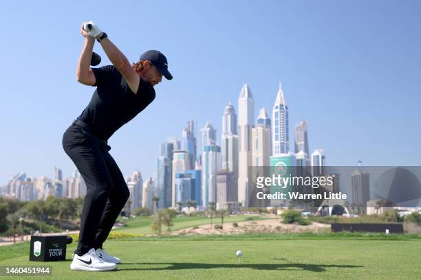 Tommy Fleetwood of England tees off on the 8th hole during the Third Round on Day Four of the Hero Dubai Desert Classic at Emirates Golf Club on...