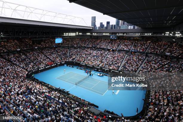 General view of the Men’s Singles Final between Stefanos Tsitsipas of Greece and Novak Djokovic of Serbia during day 14 of the 2023 Australian Open...