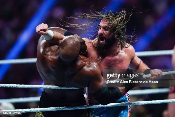 Bobby Lashley and Seth Rollins wrestle during the WWE Royal Rumble at the Alamodome on January 28, 2023 in San Antonio, Texas.
