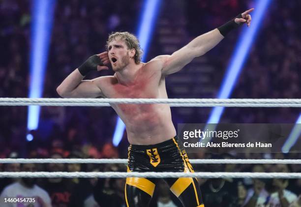 Logan Paul reacts during the WWE Royal Rumble at the Alamodome on January 28, 2023 in San Antonio, Texas.