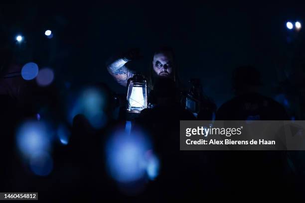 Bray Wyatt enters the arena to fight in the pitch black event during the WWE Royal Rumble event at the Alamodome on January 28, 2023 in San Antonio,...