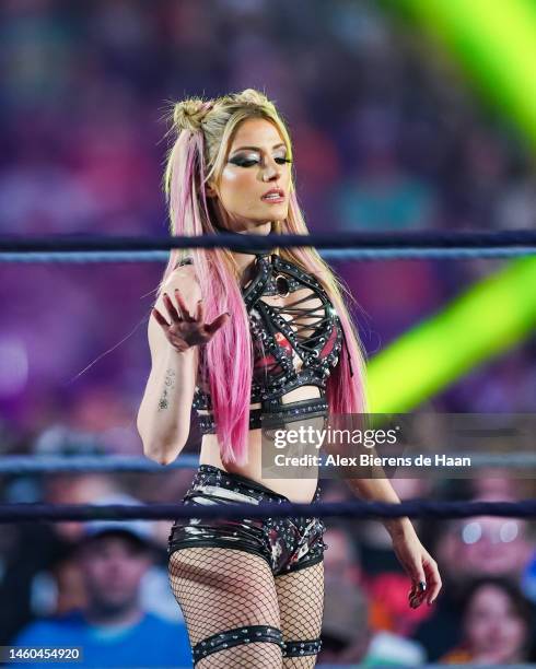 Alexa Bliss is introduced prior to the Raw Women's championship during the WWE Royal Rumble event at the Alamodome on January 28, 2023 in San...