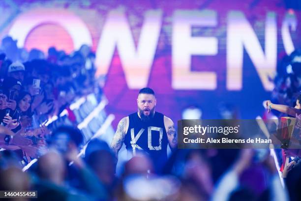 Kevin Owens walks out prior to the WWE and Universal Championship match during the WWE Royal Rumble event at the Alamodome on January 28, 2023 in San...