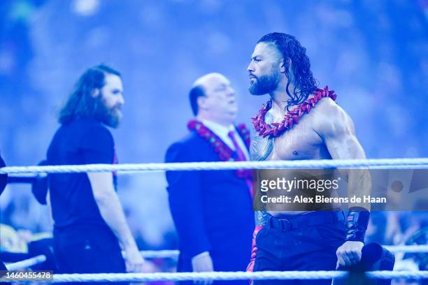 Roman Reigns looks on prior to the WWE and Universal Championship matchduring the WWE Royal Rumble at the Alamodome on January 28, 2023 in San...