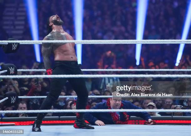 Roman Reigns reacts during the WWE and Universal Championship match during the WWE Royal Rumble event at the Alamodome on January 28, 2023 in San...