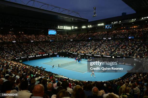 General view of the Men’s Singles Final between Stefanos Tsitsipas of Greece and Novak Djokovic of Serbia during day 14 of the 2023 Australian Open...