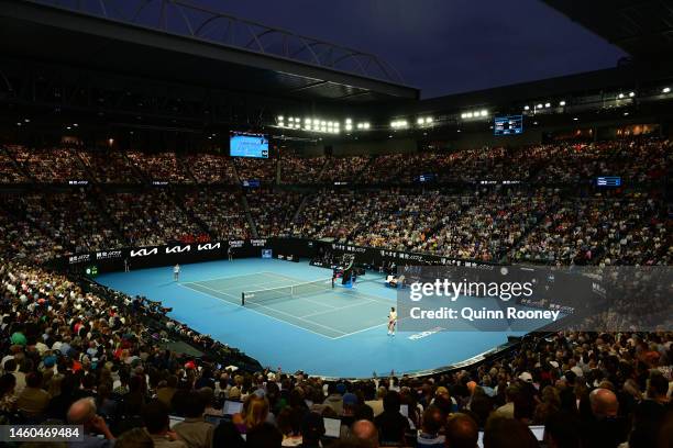 General view of the Men’s Singles Final between Stefanos Tsitsipas of Greece and Novak Djokovic of Serbia during day 14 of the 2023 Australian Open...