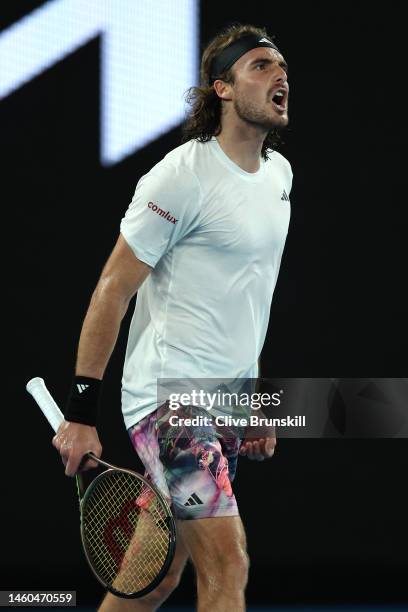 Stefanos Tsitsipas of Greece celebrates winning a point in the Men’s Singles Final against Novak Djokovic of Serbia during day 14 of the 2023...