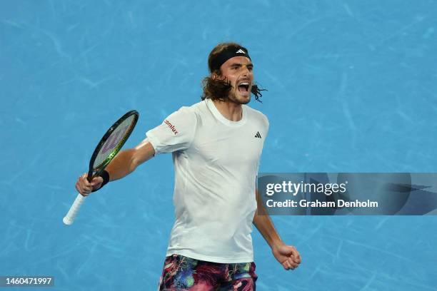 Stefanos Tsitsipas of Greece celebrates winning a point in the Men’s Singles Final against Novak Djokovic of Serbia during day 14 of the 2023...