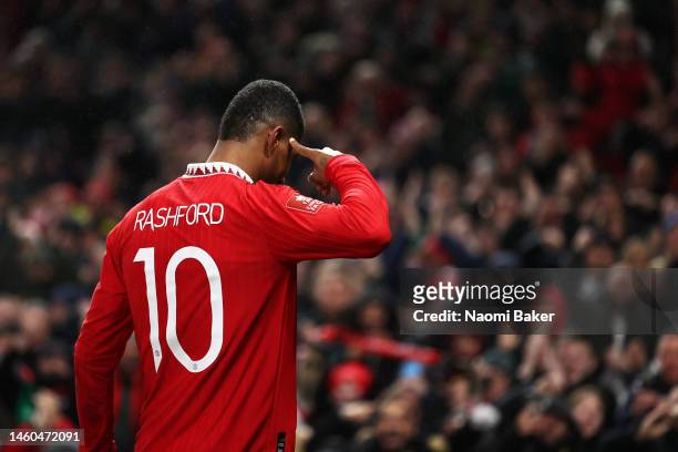 Marcus Rashford of Manchester United celebrates after scoring his sides first goal which was later ruled offside by VARduring the FA Cup Fourth round...
